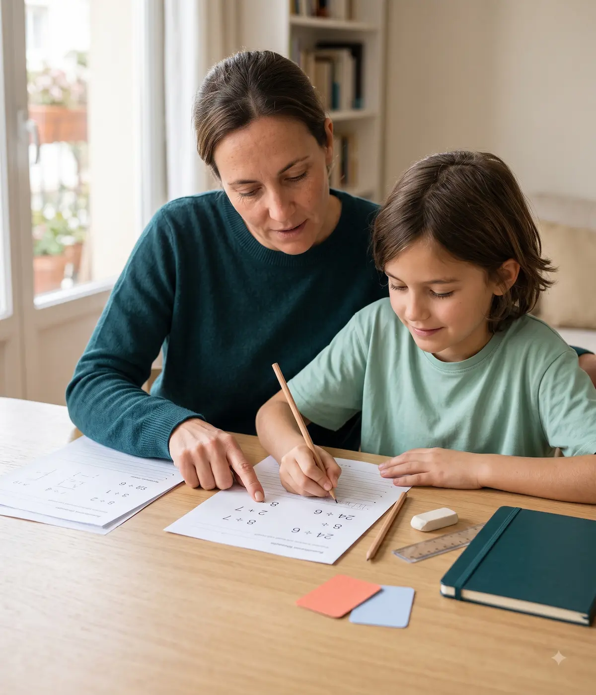 Una familia trabajando con fichas educativas impresas en una mesa luminosa