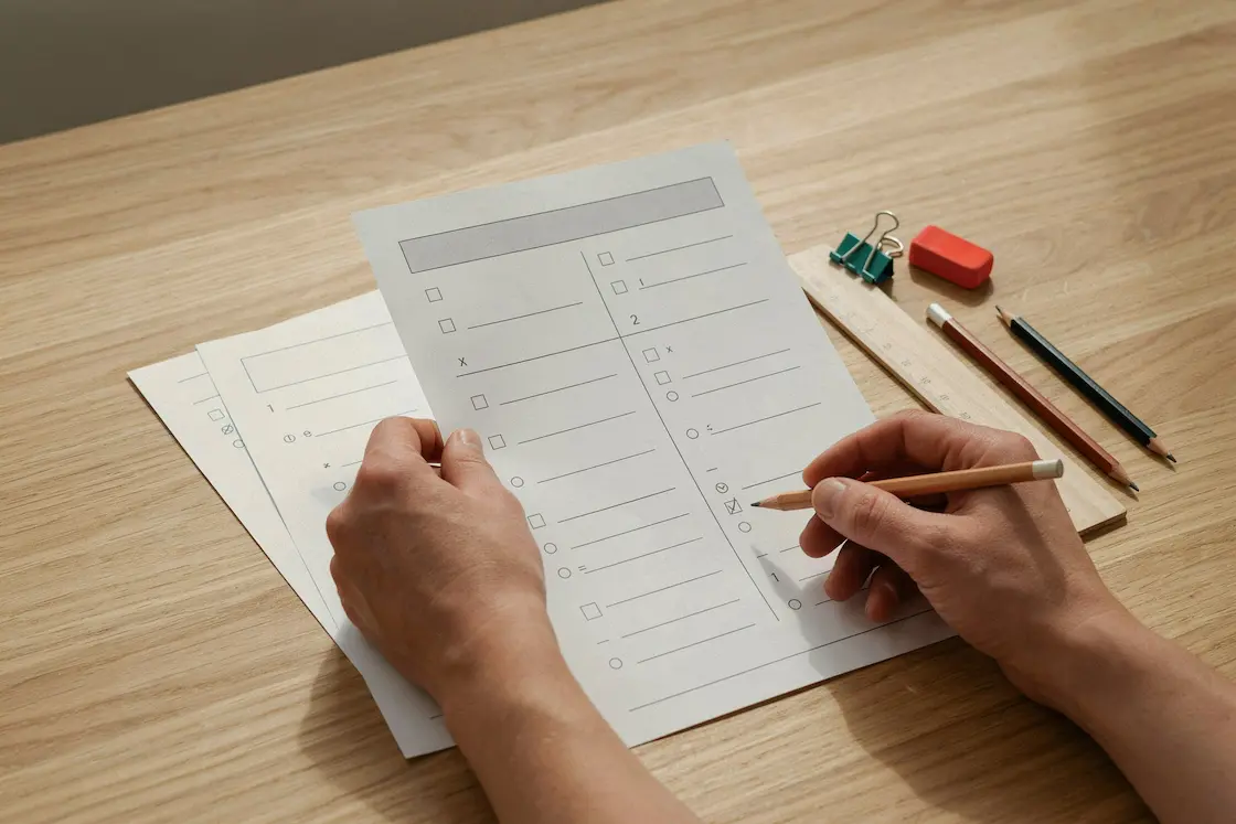 Manos revisando una ficha educativa recién impresa junto a material escolar